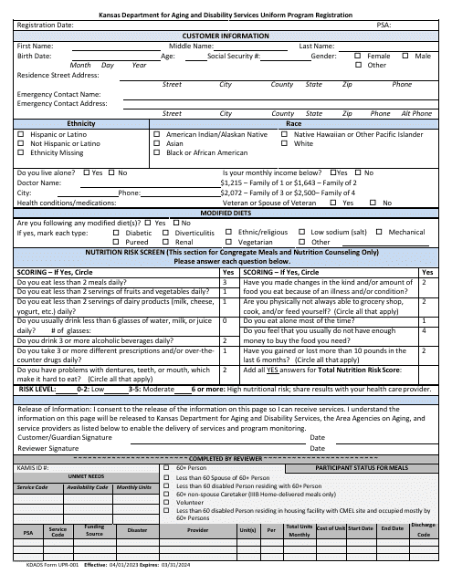 KDADS Form UPR-001 Page 1  Printable Pdf