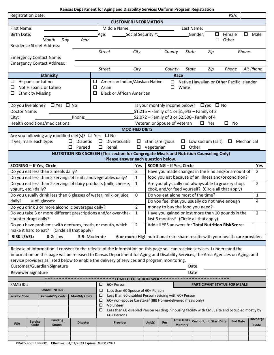 KDADS Form UPR-001 Page 1 Uniform Program Registration - Kansas, Page 1