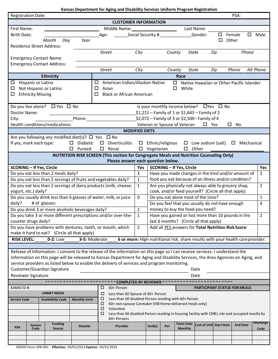 KDADS Form UPR-001 Uniform Program Registration - Kansas, Page 1