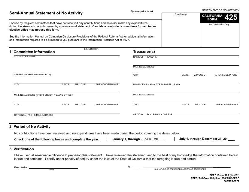 FPPC Form 425 Semi-annual Statement of No Activity - California