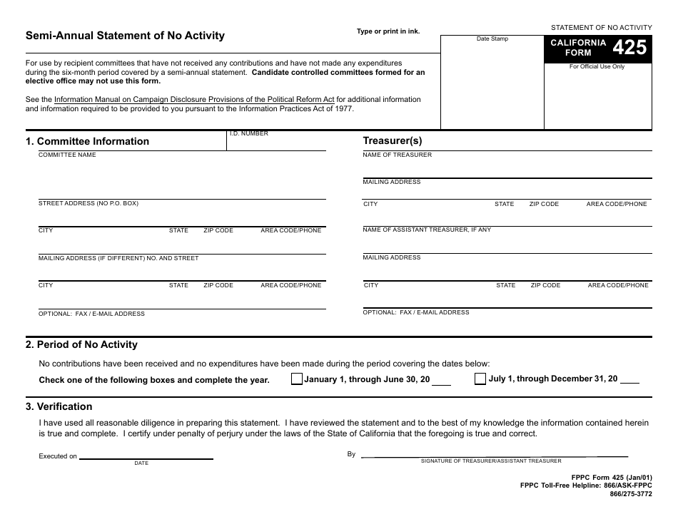 FPPC Form 425 Semi-annual Statement of No Activity - California, Page 1