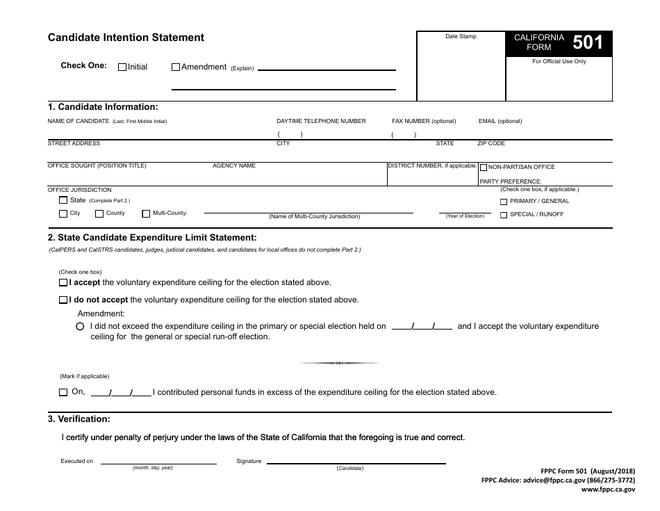 FPPC Form 501 Candidate Intention Statement - California, Page 2
