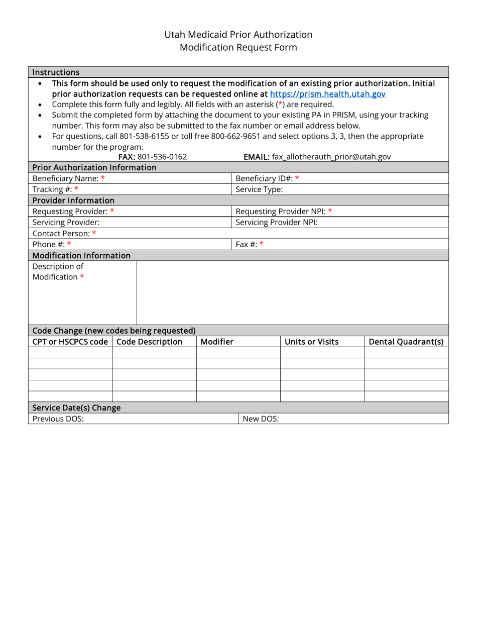 Utah Medicaid Prior Authorization Modification Request Form - Utah, Page 1
