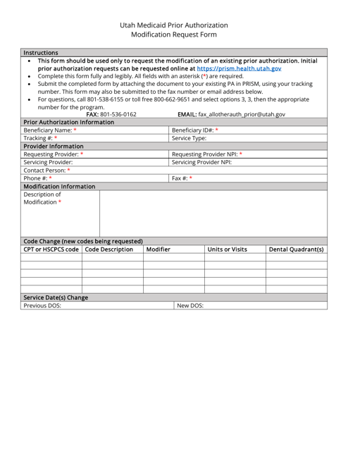 Utah Medicaid Prior Authorization Modification Request Form - Utah Download Pdf