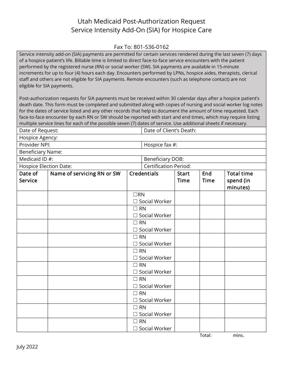 Utah Medicaid Post-authorization Request Service Intensity Add-On (Sia) for Hospice Care - Utah, Page 1