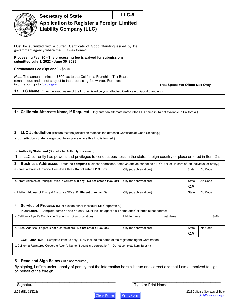 Form LLC-5 Application to Register a Foreign Limited Liability Company (LLC) - California, Page 2