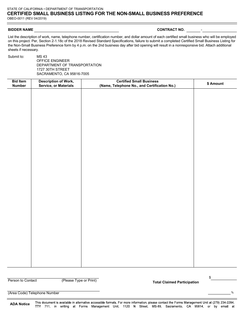 Form OBEO-0011 Certified Small Business Listing for the Non-small Business Preference - California, Page 1