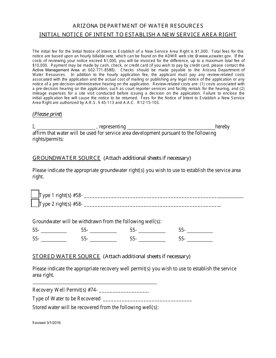 Initial Notification Arizona Initial Notice of Intent to Establish a New Service Area Right ...