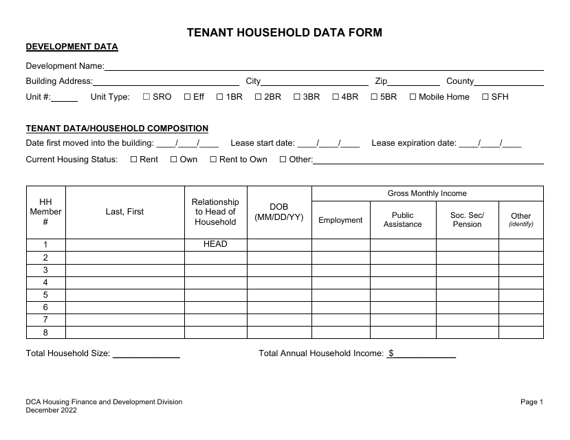 Tenant Household Data Form - Georgia (United States) Download Pdf