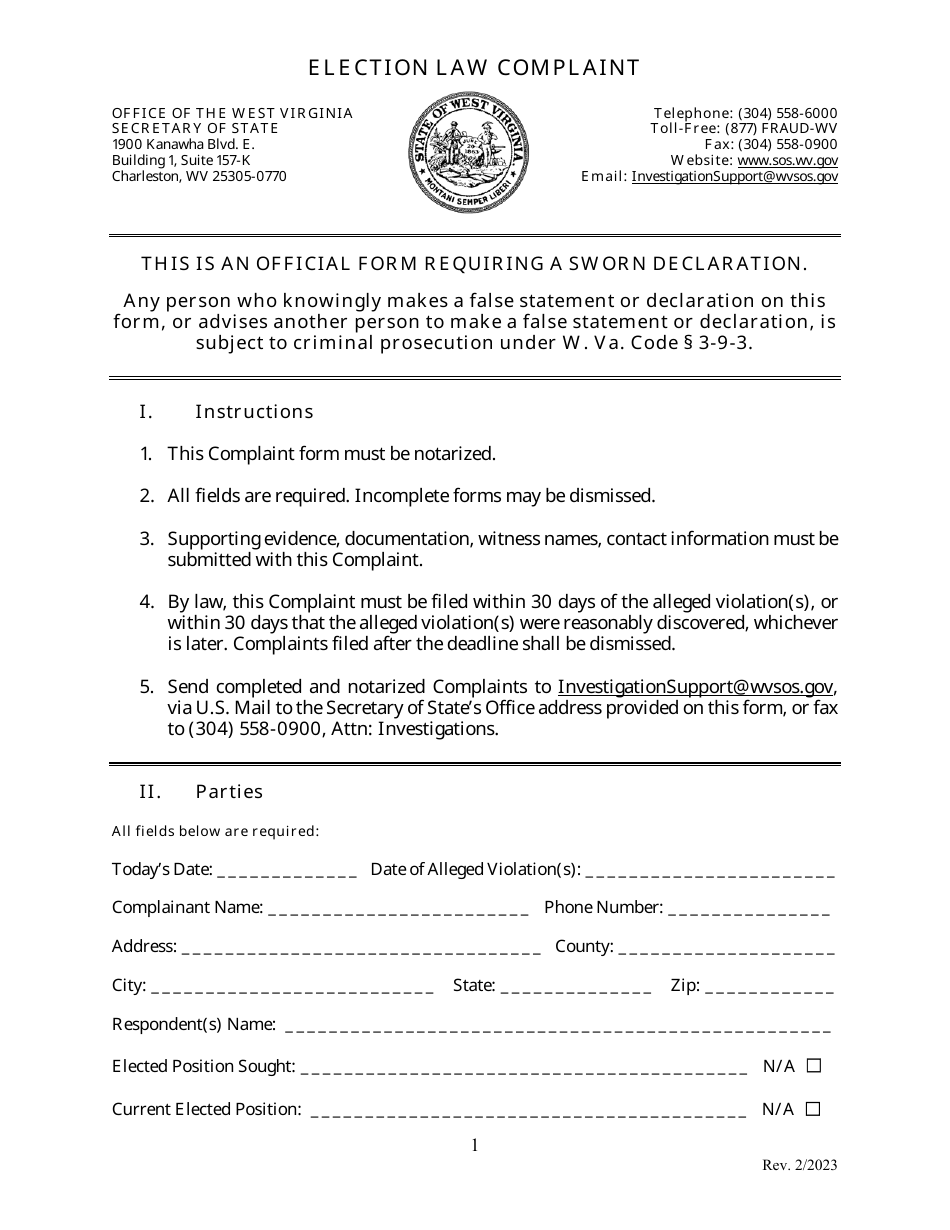 West Virginia Election Law Complaint Fill Out, Sign Online and