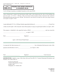 Document preview: VT Form HSD-315 Request for Lister's Certificate of Housesite Value - Vermont, 2022