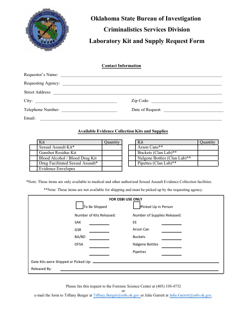 Laboratory Kit and Supply Request Form - Oklahoma Download Pdf