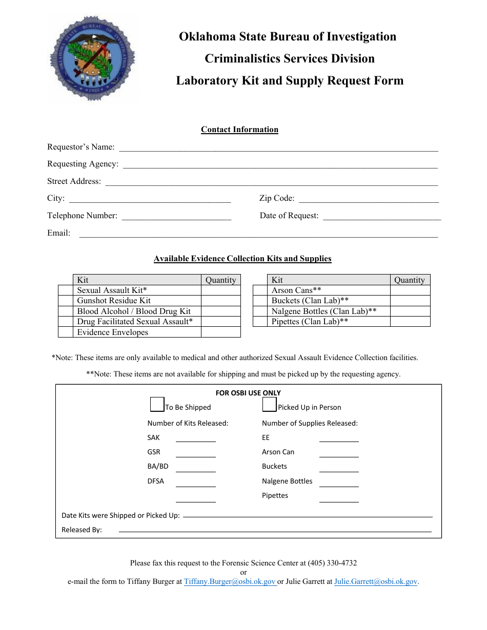 Laboratory Kit and Supply Request Form - Oklahoma, Page 1