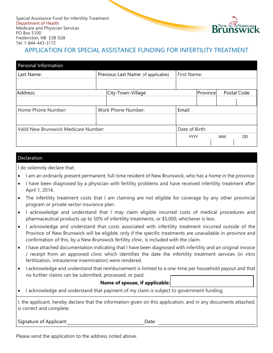 Application for Special Assistance Funding for Infertility Treatment - New Brunswick, Canada, Page 1