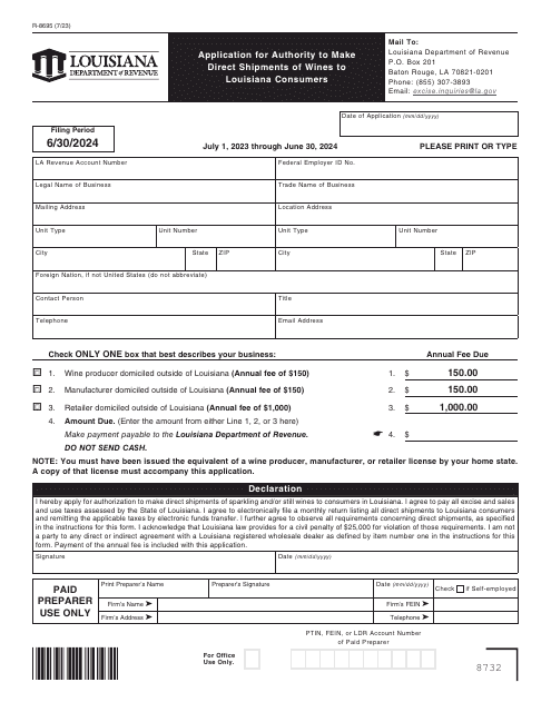 Form R-8695 Application for Authority to Make Direct Shipments of Wines to Louisiana Consumers - Louisiana, 2024