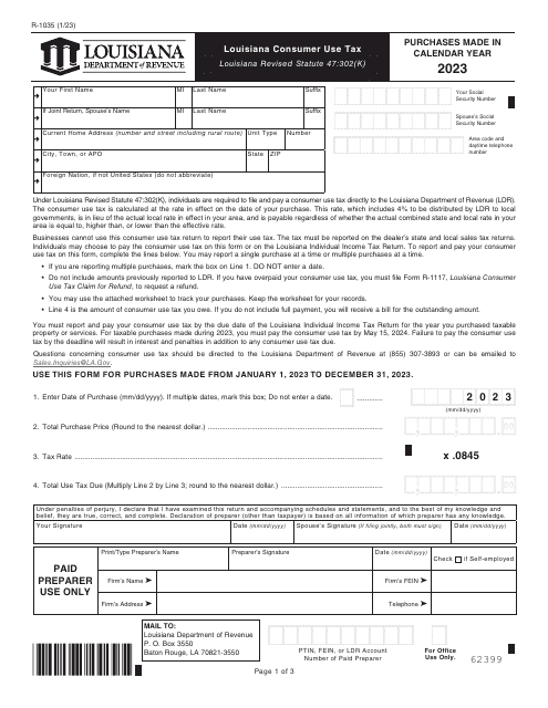 Form R-1035 Louisiana Consumer Use Tax - Louisiana, 2023
