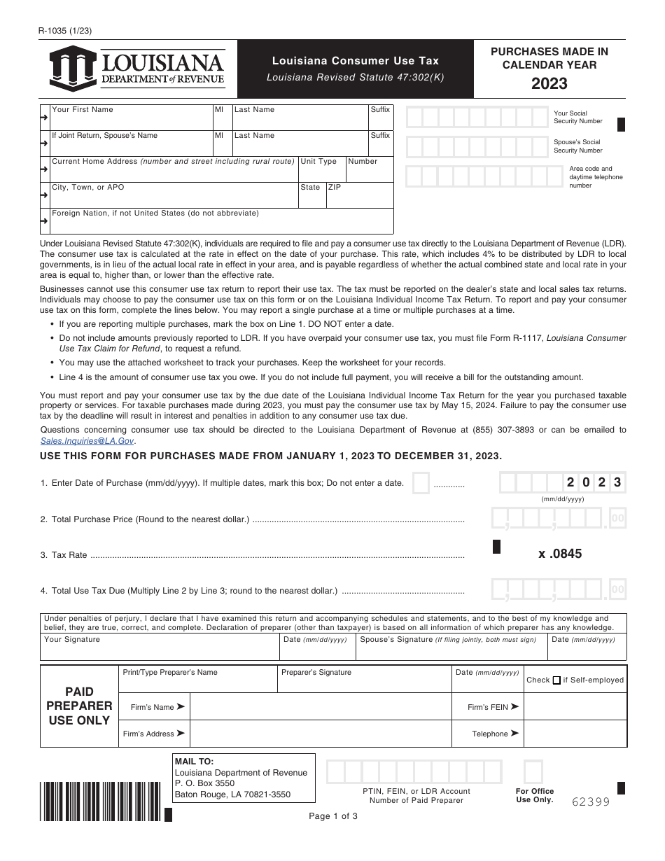 Form R 1035 Download Fillable Pdf Or Fill Online Louisiana Consumer Use Tax 2023 Louisiana 9666