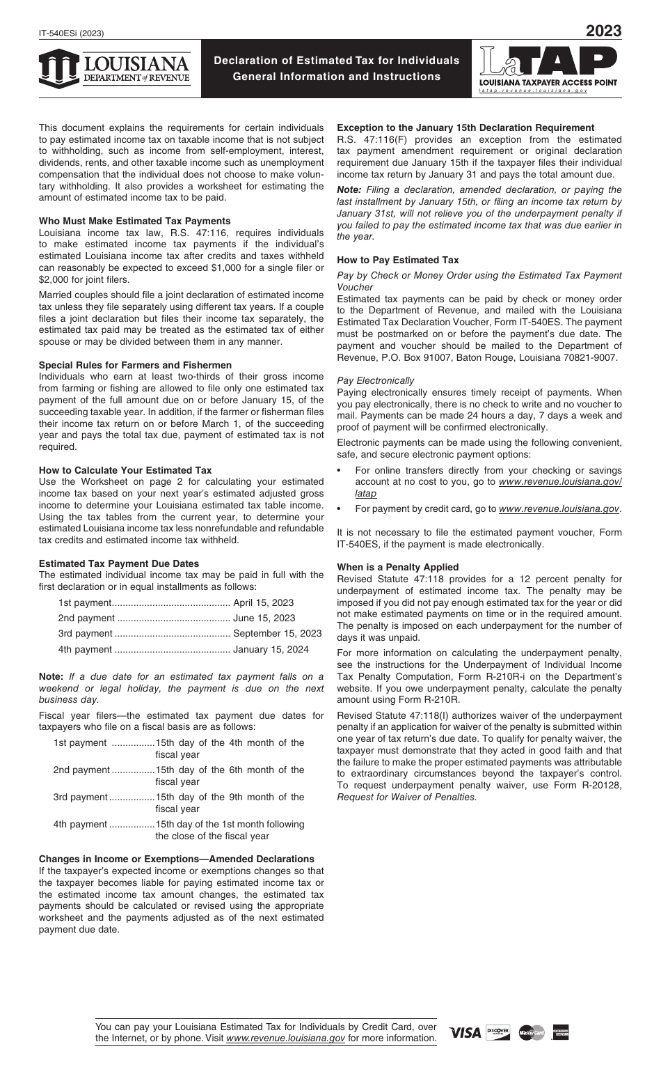 Download Instructions for Form IT540ES Louisiana Estimated Tax