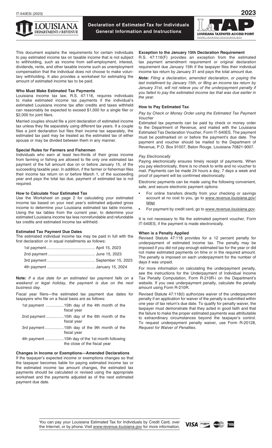 Instructions for Form IT-540ES Louisiana Estimated Tax Declaration Voucher for Individuals - Louisiana, Page 1