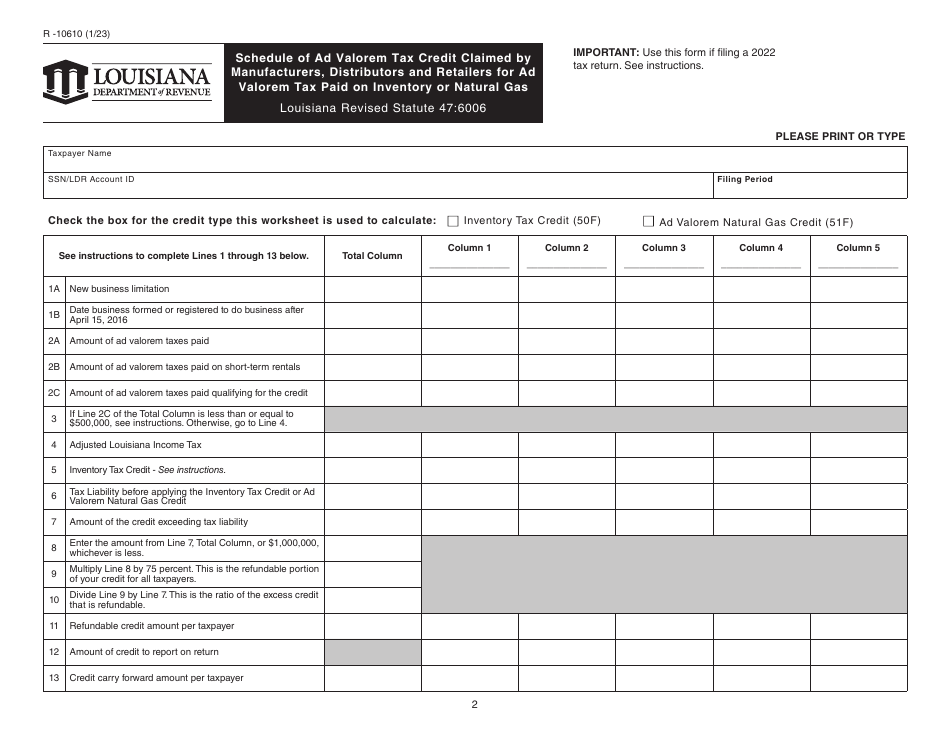 Form R-10610 Schedule of Ad Valorem Tax Credit Claimed by Manufacturers, Distributors and Retailers for Ad Valorem Tax Paid on Inventory or Natural Gas - Louisiana, Page 2