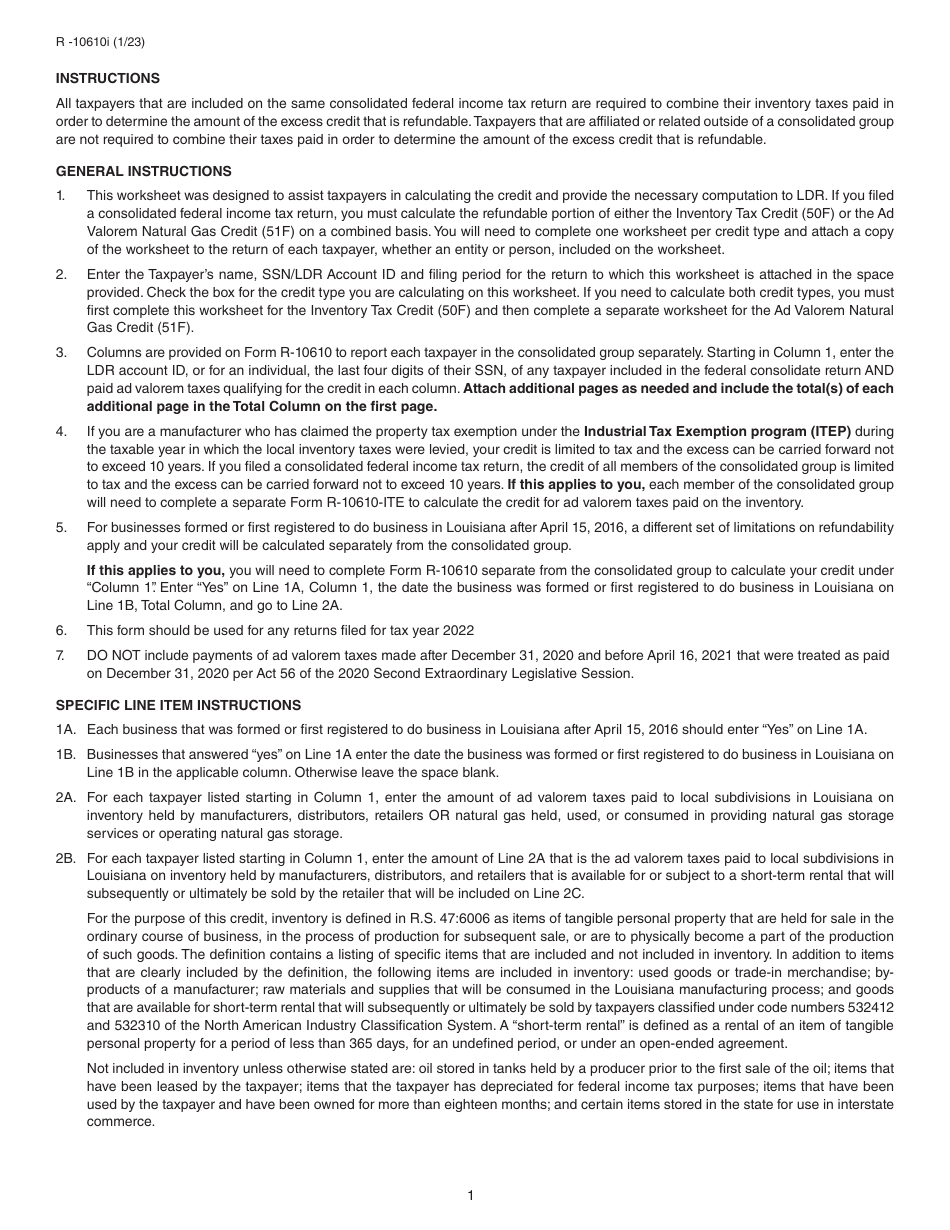 Form R-10610 Schedule of Ad Valorem Tax Credit Claimed by Manufacturers, Distributors and Retailers for Ad Valorem Tax Paid on Inventory or Natural Gas - Louisiana, Page 3