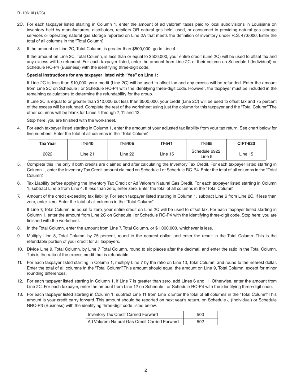 Form R-10610 Schedule of Ad Valorem Tax Credit Claimed by Manufacturers, Distributors and Retailers for Ad Valorem Tax Paid on Inventory or Natural Gas - Louisiana, Page 4