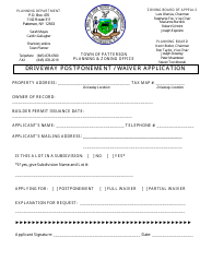 Document preview: Driveway Postponement/Waiver Application - Town of Patterson, New York