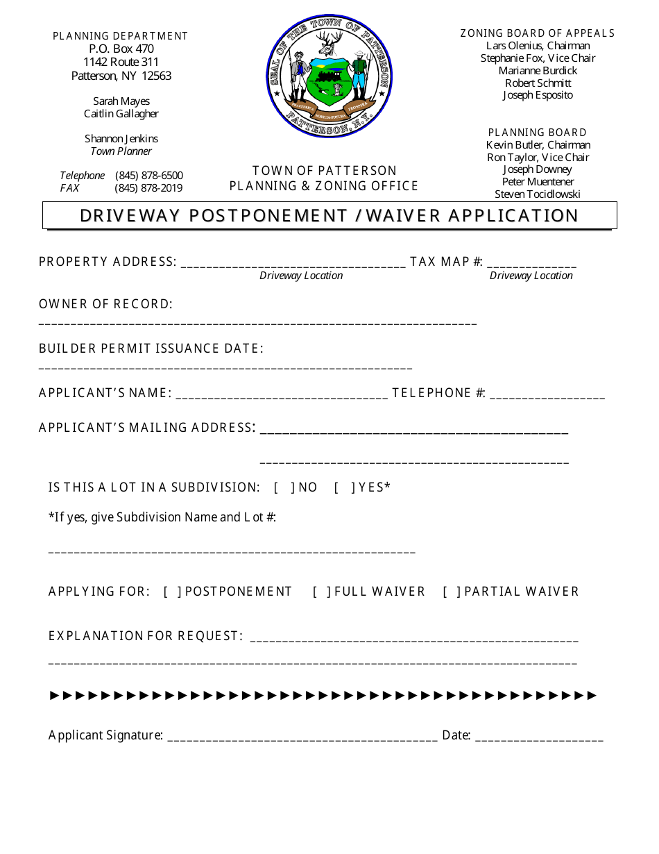 Driveway Postponement / Waiver Application - Town of Patterson, New York, Page 1