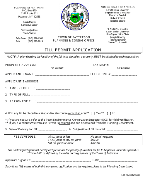 Fill Permit Application - Town of Patterson, New York