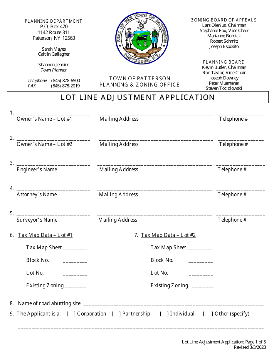 Lot Line Adjustment Application - Town of Patterson, New York, Page 1