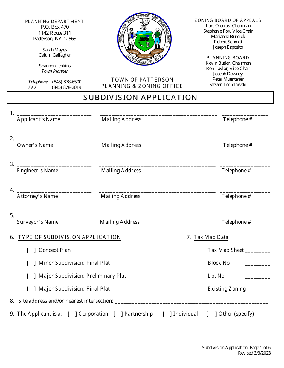 Subdivision Application - Town of Patterson, New York, Page 1