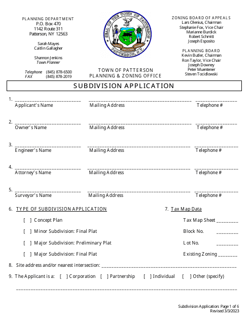 Subdivision Application - Town of Patterson, New York Download Pdf