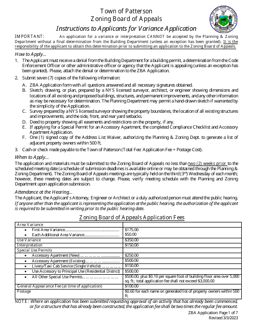 Application Form for a Zoning Variance - Town of Patterson, New York Download Pdf