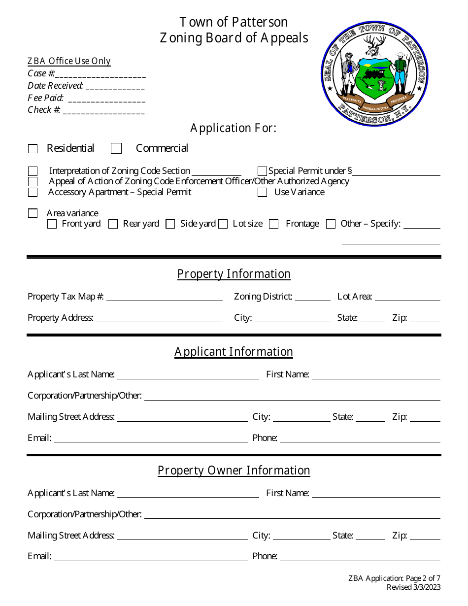 Town of Patterson, New York Application Form for a Zoning Variance ...