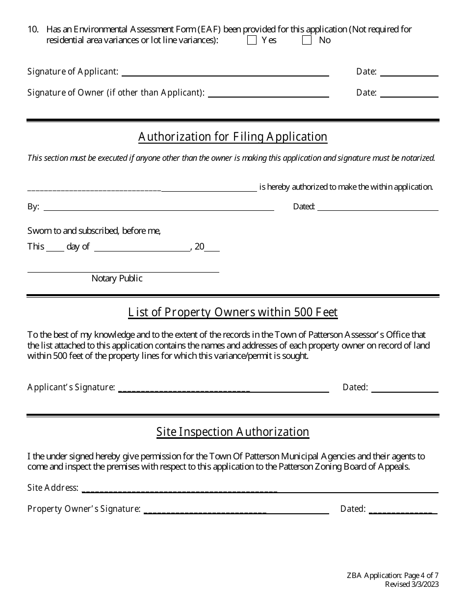 Application Form for a Zoning Variance - Town of Patterson, New York, Page 4