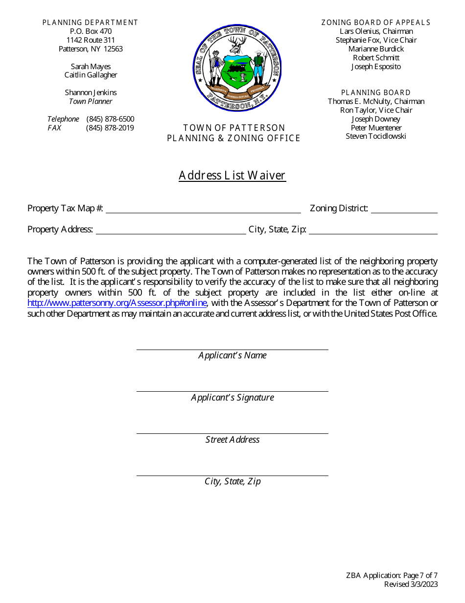 Application Form for a Zoning Variance - Town of Patterson, New York, Page 7