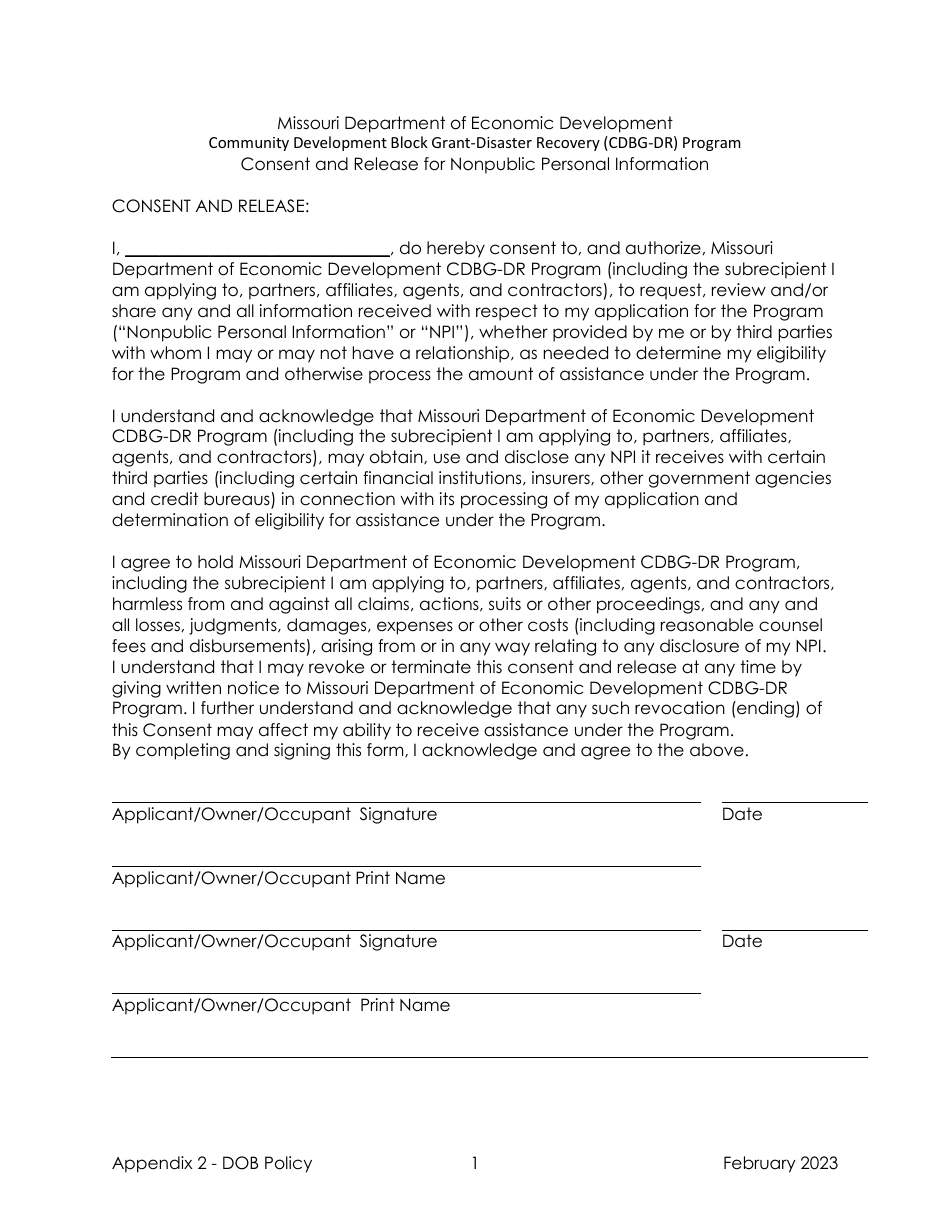 Appendix 2 Consent and Release for Nonpublic Personal Information - Community Development Block Grant-Disaster Recovery (Cdbg-Dr) Program - Missouri, Page 1