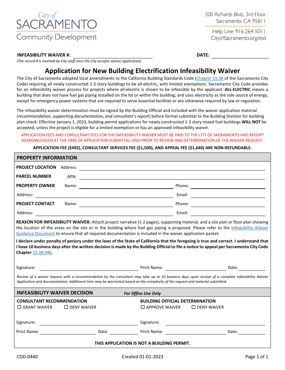 Form CDD-0440 Application for New Building Electrification Infeasibility Waiver - City of Sacramento, California, Page 1