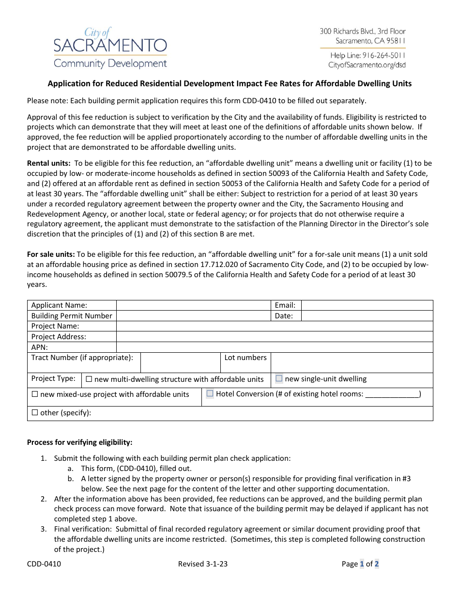 Form CDD-0410 Application for Reduced Residential Development Impact Fee Rates for Affordable Dwelling Units - City of Sacramento, California, Page 1