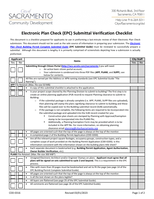 Form CDD-0316 Electronic Plan Check (Epc) Submittal Verification Checklist - City of Sacramento, California