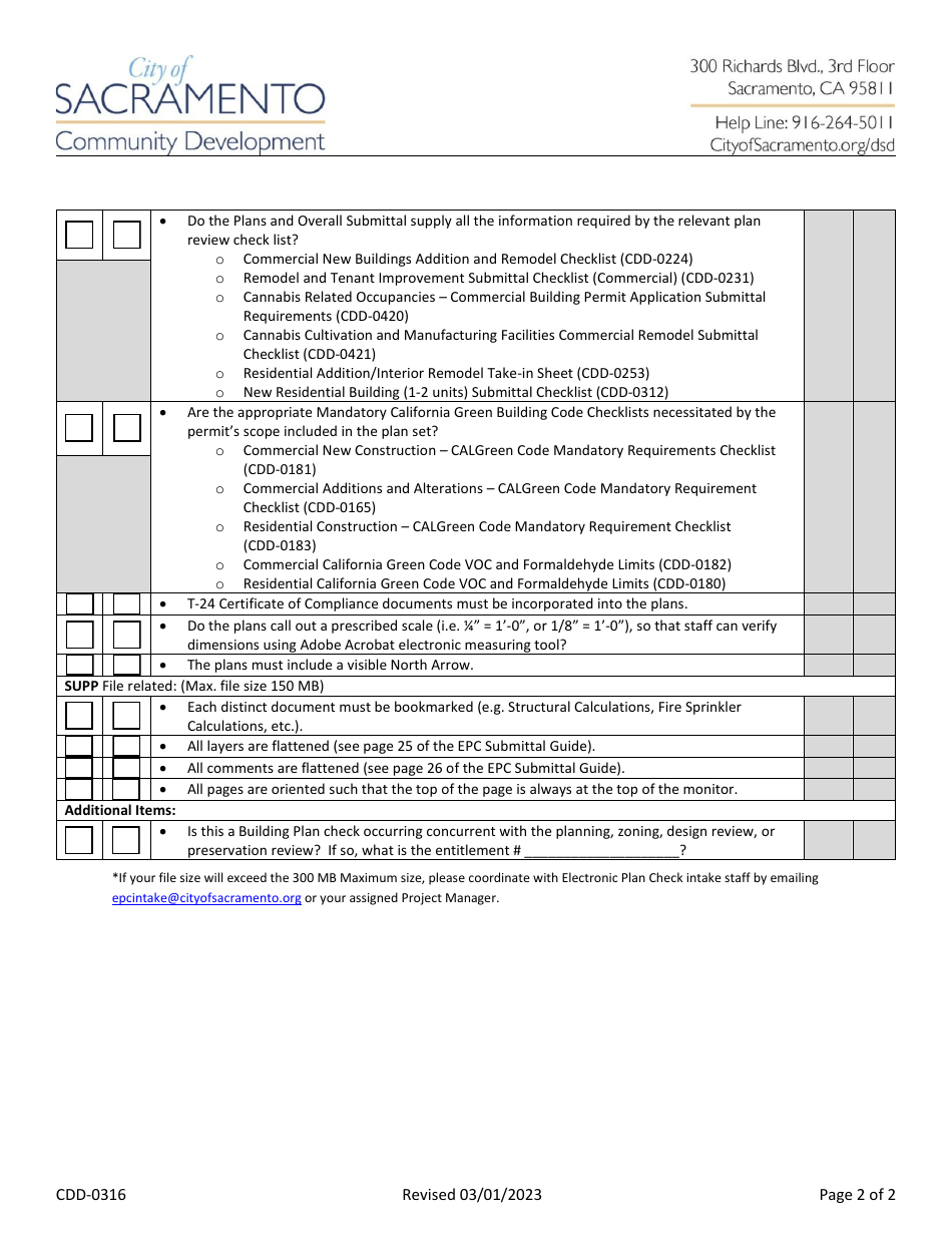 Form CDD-0316 Electronic Plan Check (Epc) Submittal Verification Checklist - City of Sacramento, California, Page 2