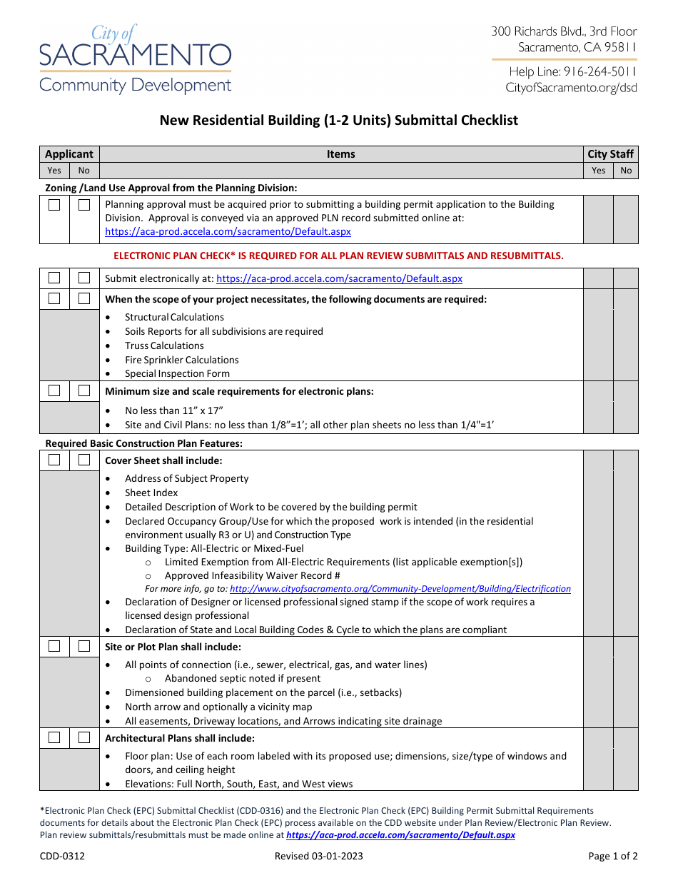 Form CDD-0312 New Residential Building (1-2 Units) Submittal Checklist - City of Sacramento, California, Page 1