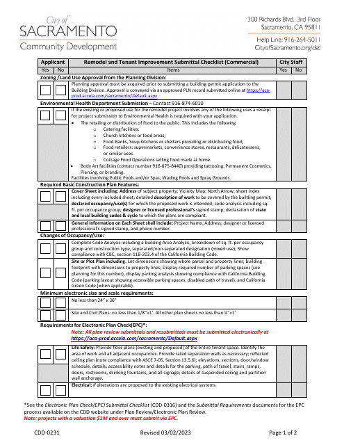 Form CDD-0231 Remodel and Tenant Improvement Submittal Checklist (Commercial) - City of Sacramento, California
