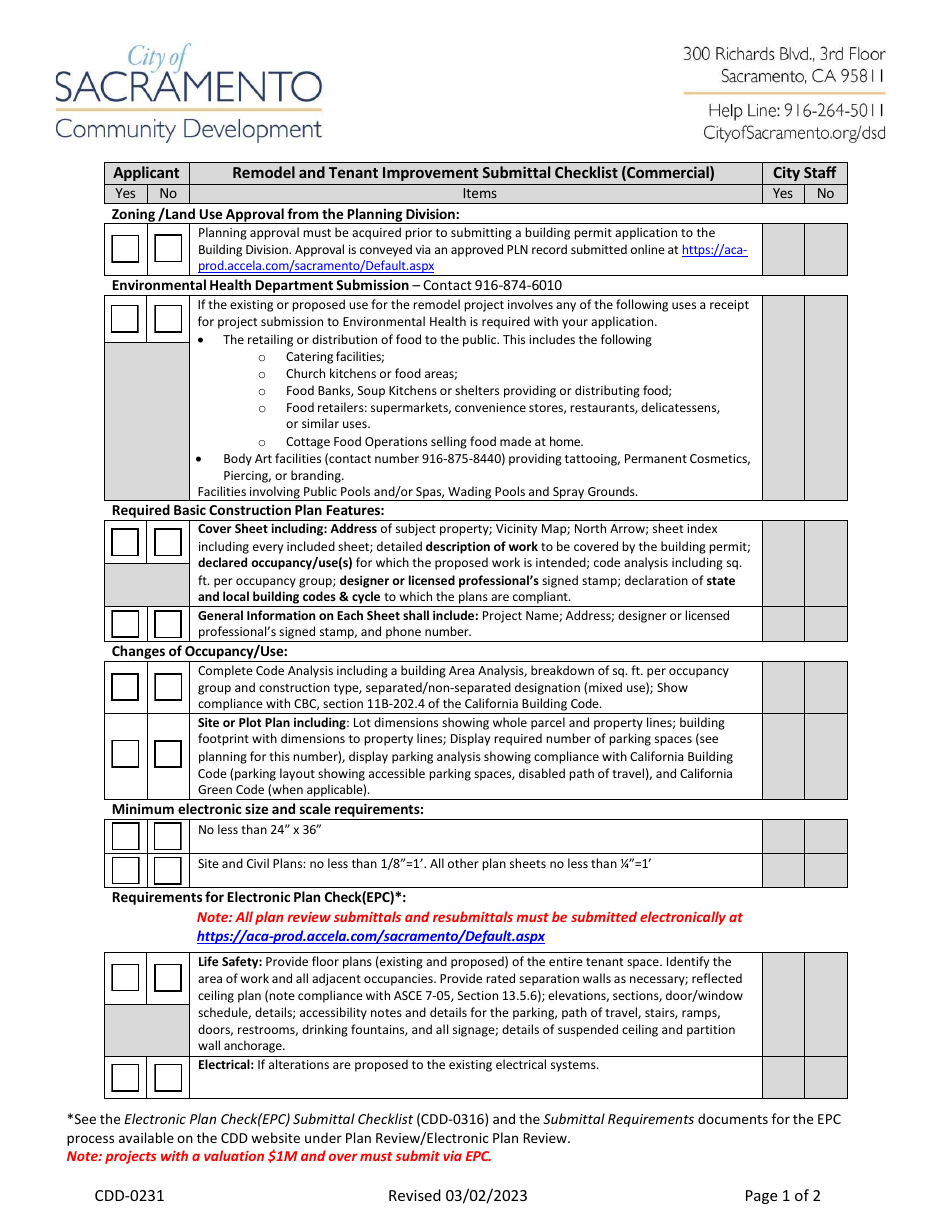 Form CDD-0231 Remodel and Tenant Improvement Submittal Checklist (Commercial) - City of Sacramento, California, Page 1
