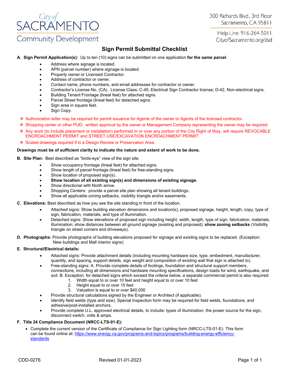 Form CDD-0276 Sign Permit Submittal Checklist - City of Sacramento, California, Page 1