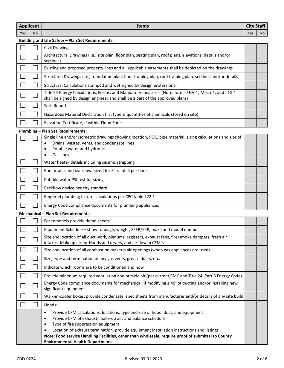 Form CDD-0224 Commercial New Buildings, Additions, and Remodels Take-In Sheet - City of Sacramento, California, Page 2