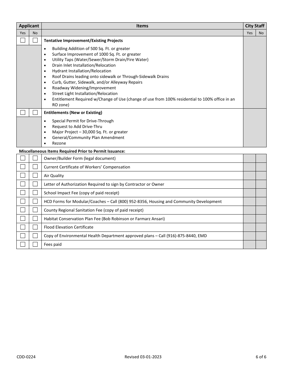 Form CDD-0224 Commercial New Buildings, Additions, and Remodels Take-In Sheet - City of Sacramento, California, Page 6