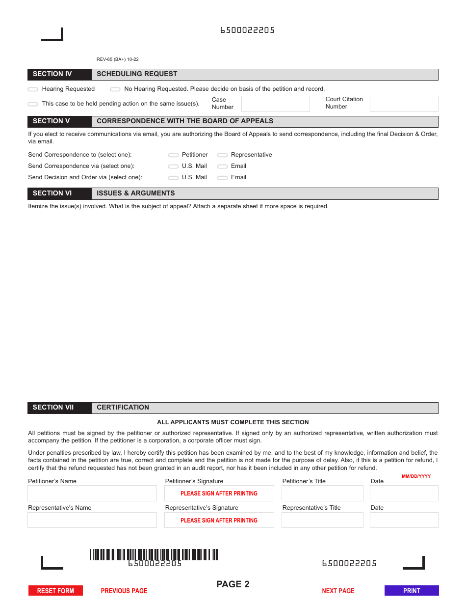 Form REV-65 Board of Appeals Petition Form - Pennsylvania, Page 2