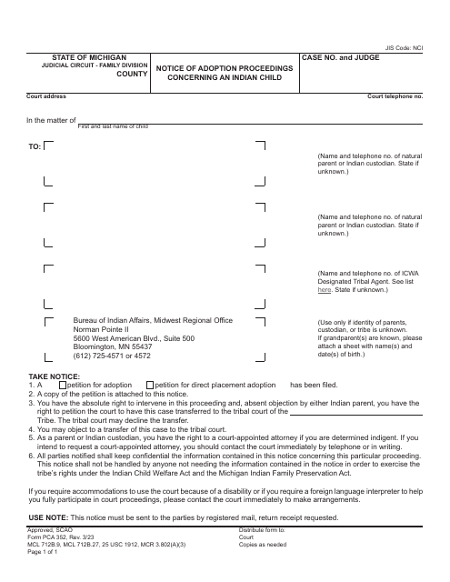 Form PCA352 Notice of Adoption Proceedings Concerning an Indian Child - Michigan