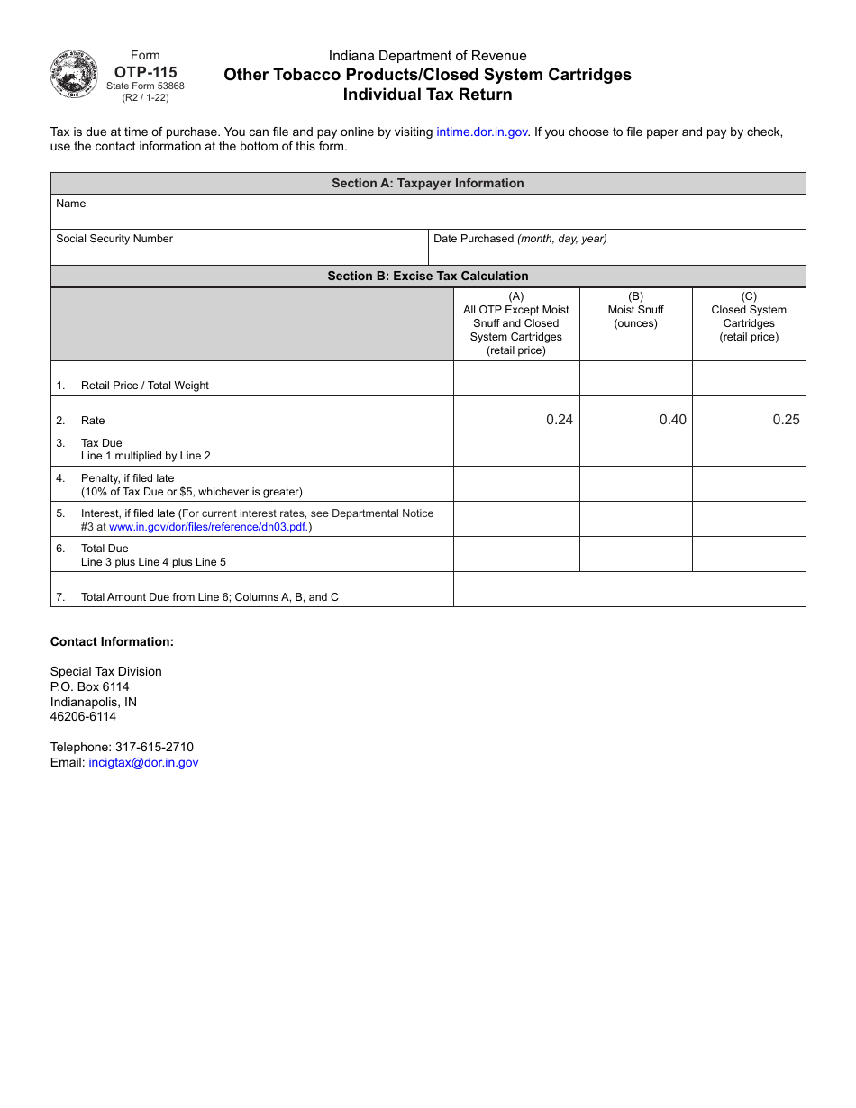 Form OTP-115 (State Form 53868) Other Tobacco Products / Closed System Cartridges Individual Tax Return - Indiana, Page 1